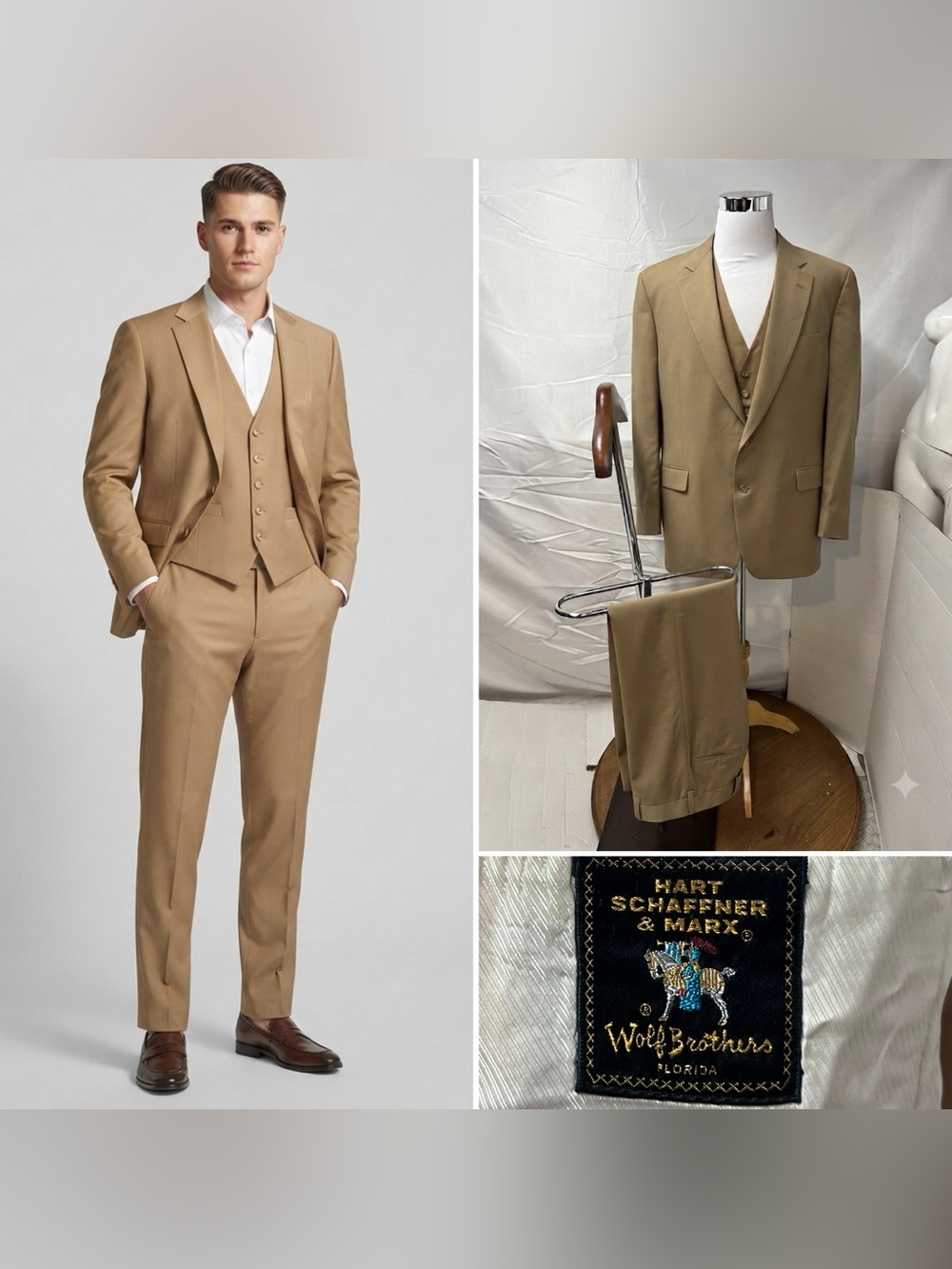 Hart Schaffner Marx Vintage Men's 44R Blazer 39x30 Pants Vest Tan 3-Piece Suit